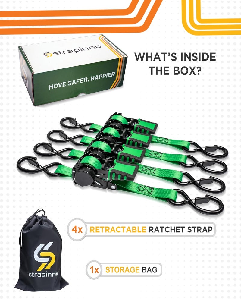 Strapinno 4pcs Retractable Ratchet Straps Bundle 1in x 6ft Ratchet Tie Down with Rubber Coated Steel Handle, S Hooks, Breaking Strength 1500 lbs Each (Green Strap, Black Coated) - Image 3